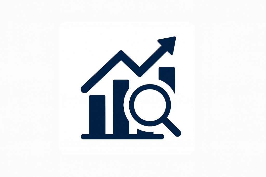 Icono análisis mercado inmobiliario Icono de gráfico de barras con lupa – análisis del mercado inmobiliario
